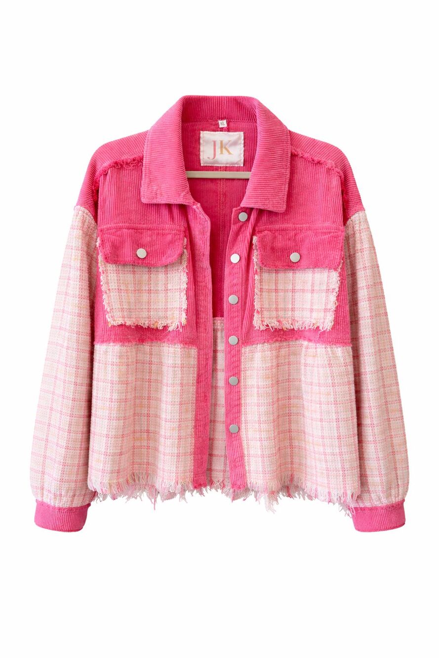 JK XL Pink Corduroy Plaid Shacket Frayed Hem Button Front Jacket